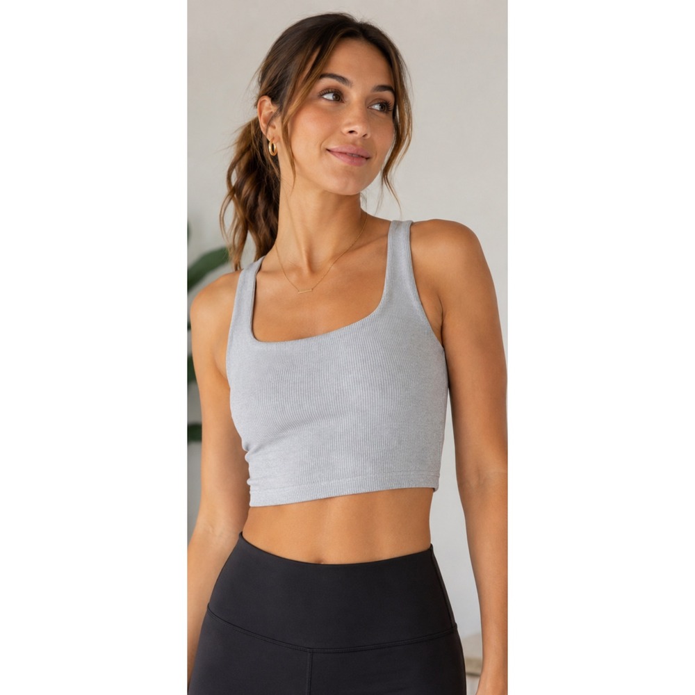 Alo Yoga Wellness Bra Heather Grey Ribbed Square Neck Y-Back Crop Tank Top
